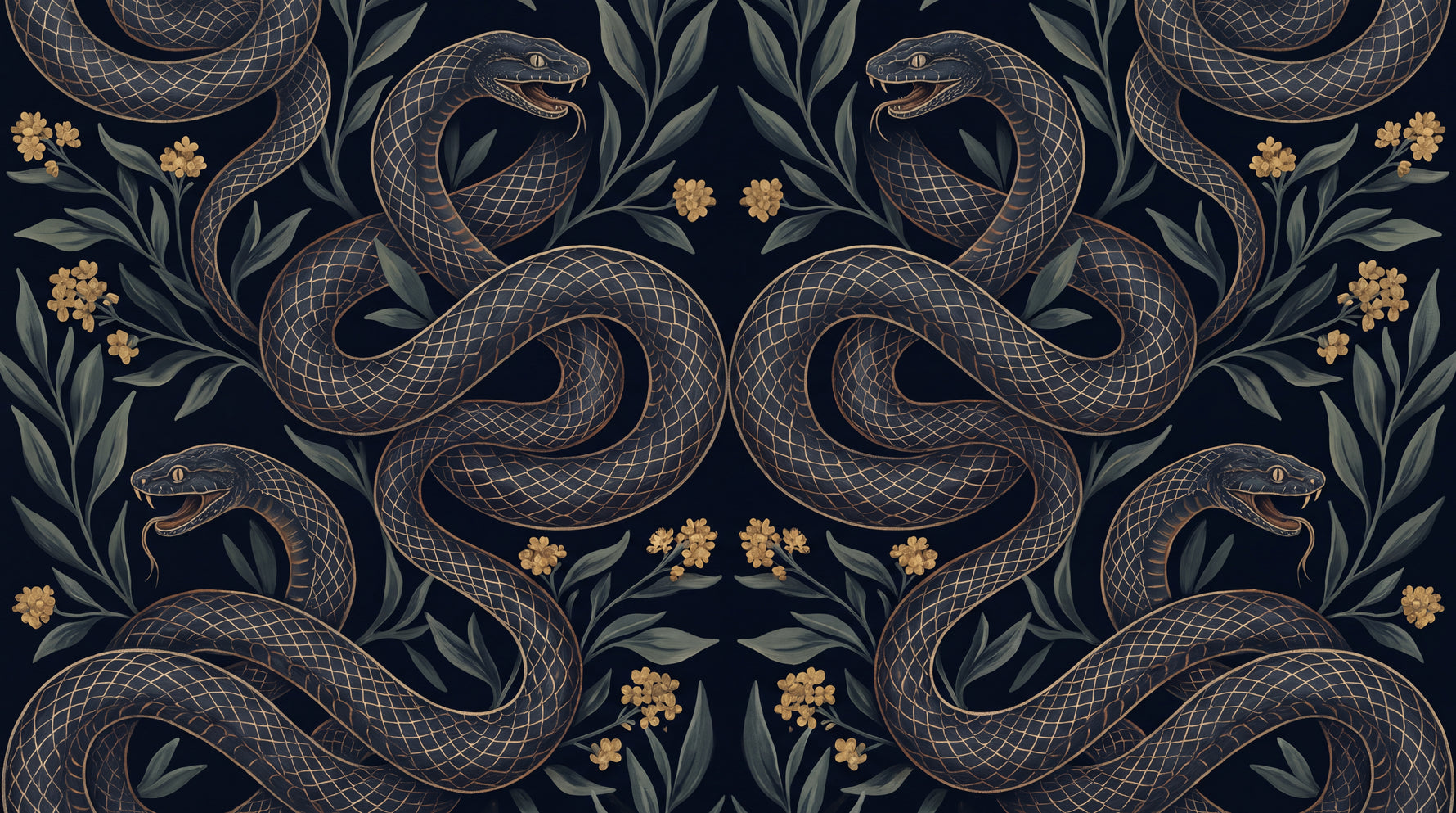 Coiled Fable Dark Gothic Wallpaper - Dark Academia Damask Botanical Leaf Peel and Stick Mural - Design