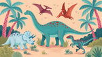 Coral Explorers Beige Dinosaur Wallpaper for Kids - Teal Tropical Palm Tree Nursery Peel and Stick Mural - Design