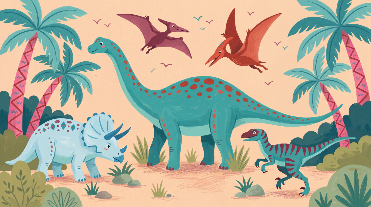 Coral Explorers Beige Dinosaur Wallpaper for Kids - Teal Tropical Palm Tree Nursery Peel and Stick Mural - Design