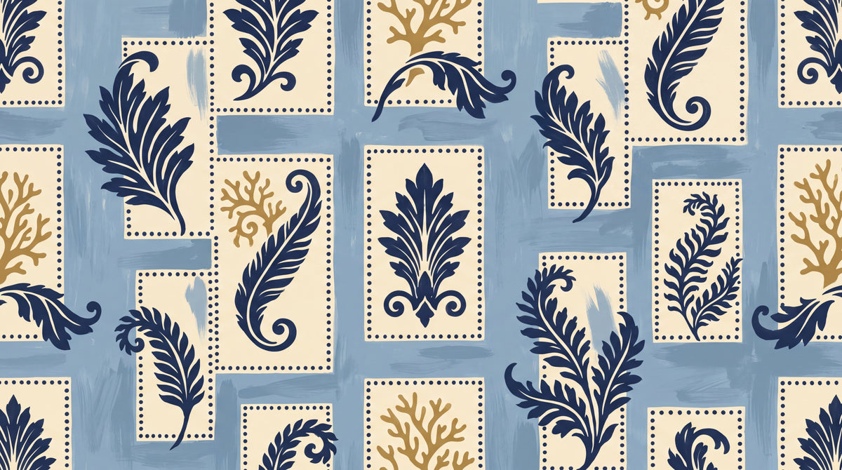 Coral Reverie - Blue Damask Wallpaper - Navy Botanical Leaf Abstract Peel and Stick - Design