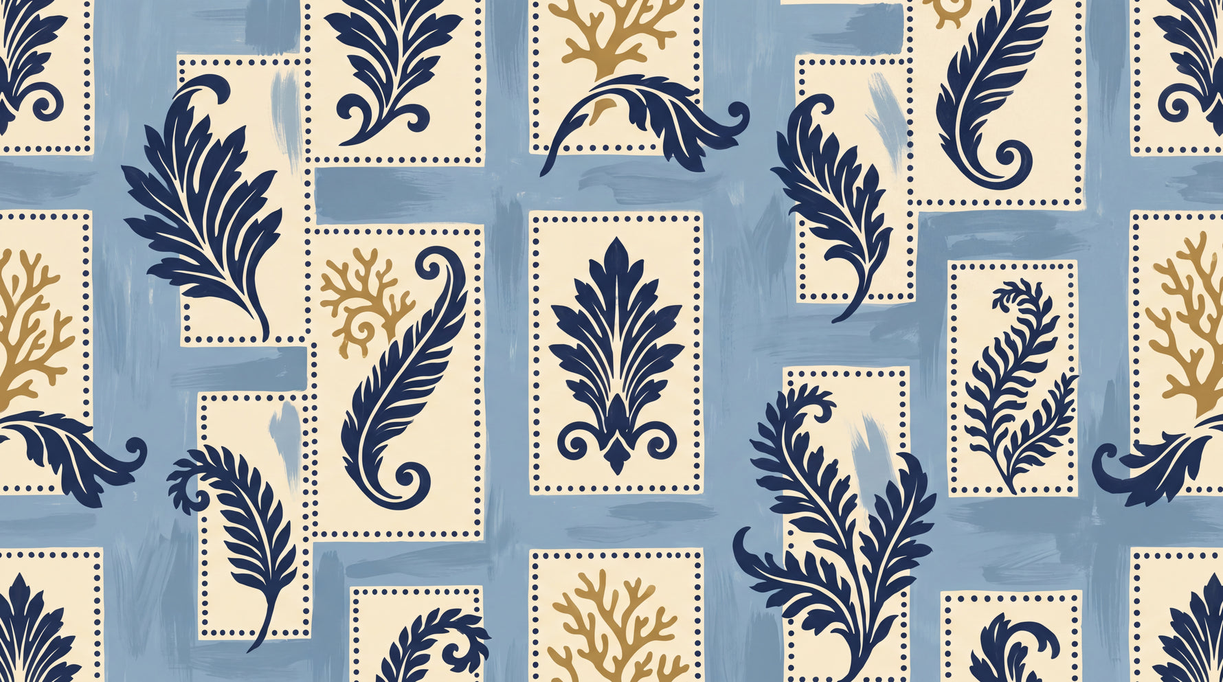 Coral Reverie - Blue Damask Wallpaper - Navy Botanical Leaf Abstract Peel and Stick - Design