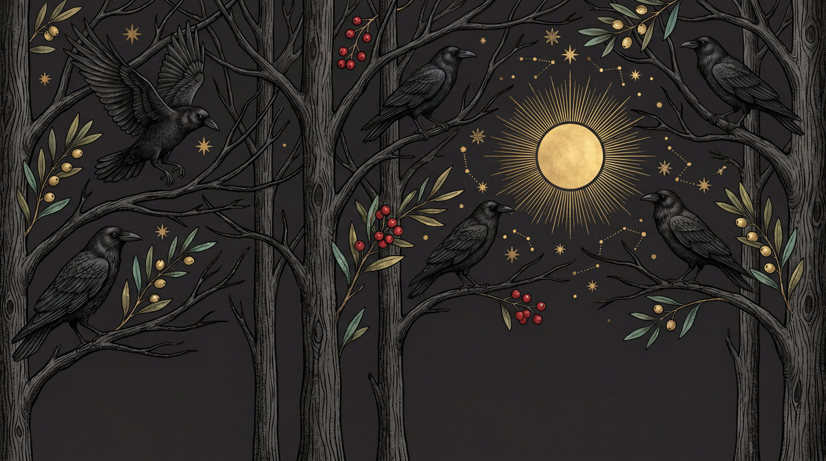 Corvid Solstice Black Gothic Wallpaper - Dark Academia Forest Woodland Wall Mural - Design