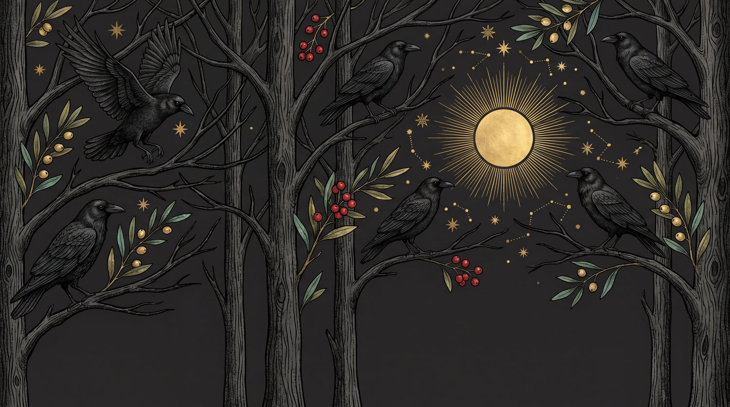 Corvid Solstice Black Gothic Wallpaper - Dark Academia Forest Woodland Wall Mural - Design
