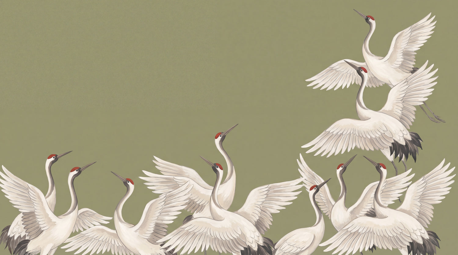 Crane Flight Green Japanese Wallpaper - Olive Chinoiserie Animal Wall Mural Peel and Stick - Design