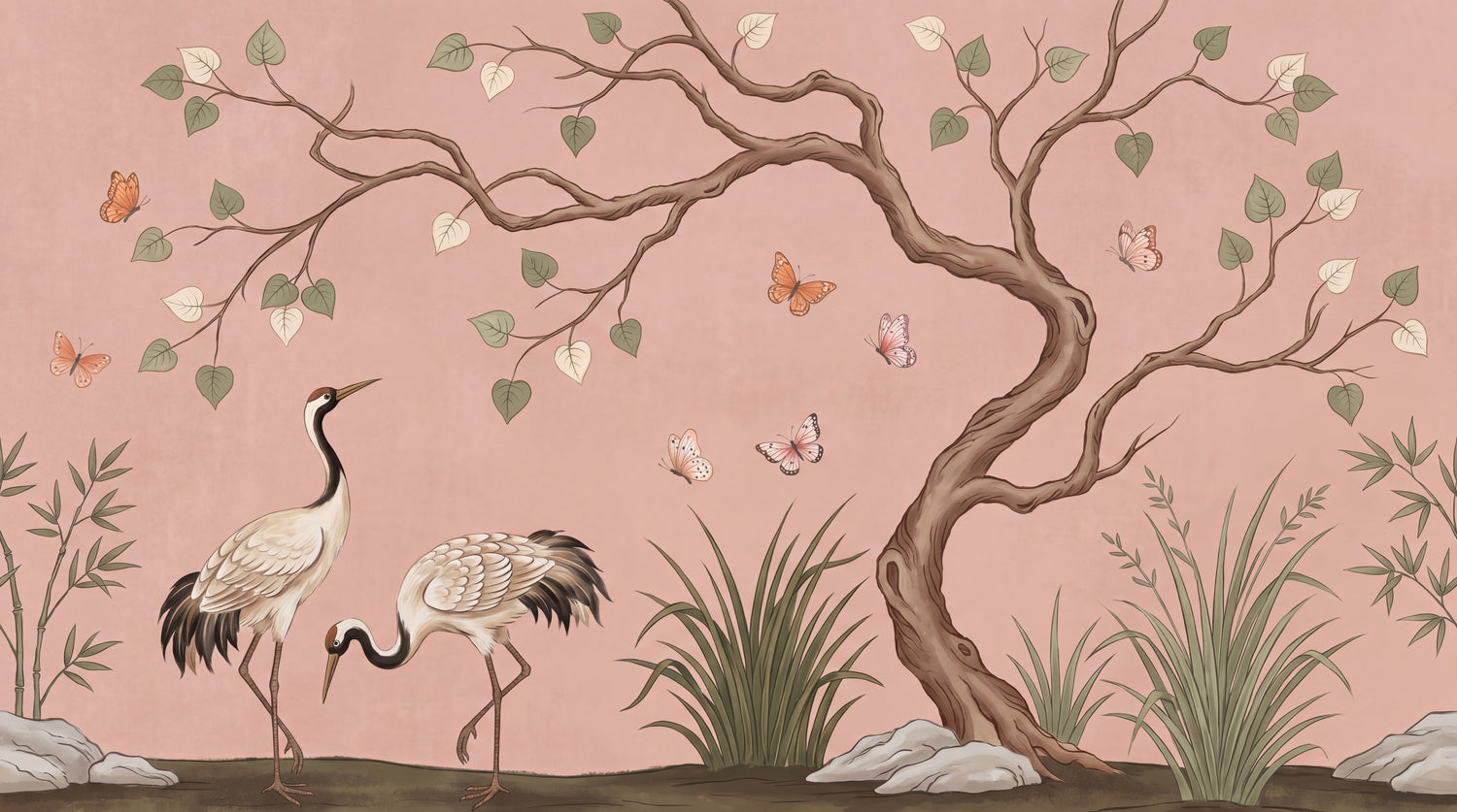 Crane Garden Pink Chinoiserie Wallpaper - Vintage Japanese Botanical Leaf Wall Mural Peel and Stick - Design