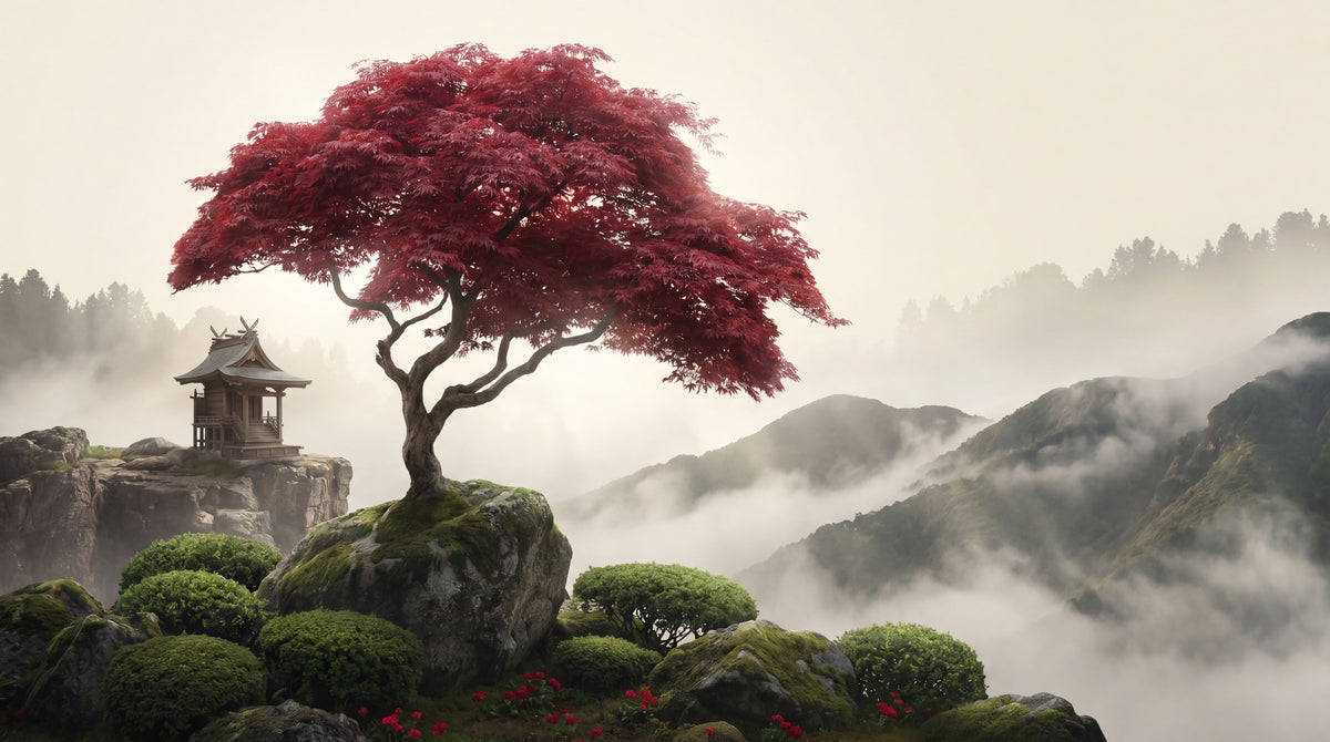 Crimson Maple Sanctuary Mountain Wallpaper - Red Landscape Wallpaper Peel and Stick Wall Mural Scenery - Design