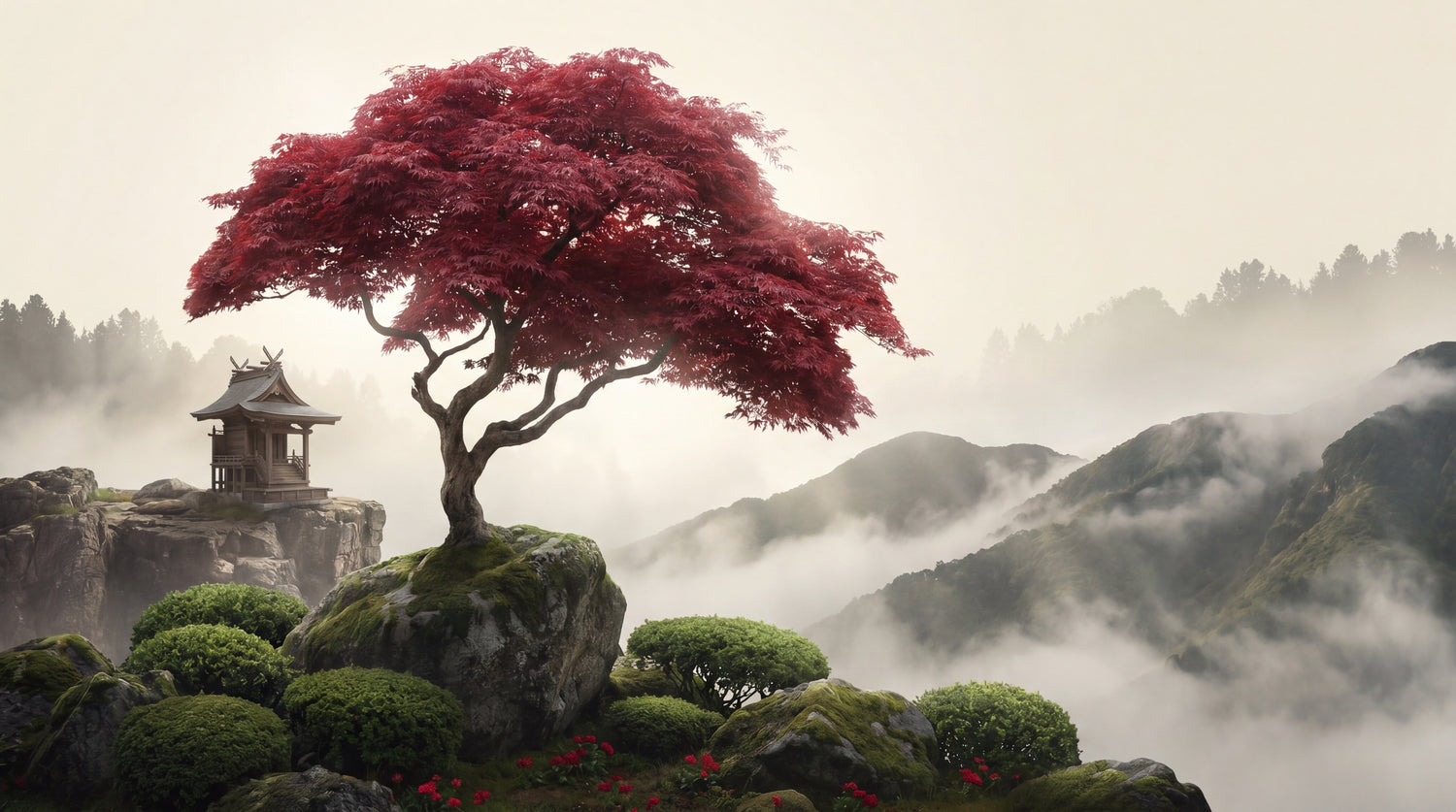 Crimson Maple Sanctuary Mountain Wallpaper - Red Landscape Wallpaper Peel and Stick Wall Mural Scenery - Design