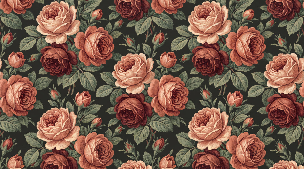 Crimson Petalwork Dark Rose Wallpaper - Vintage Floral Pink Rose Peel and Stick Wall Mural - Design