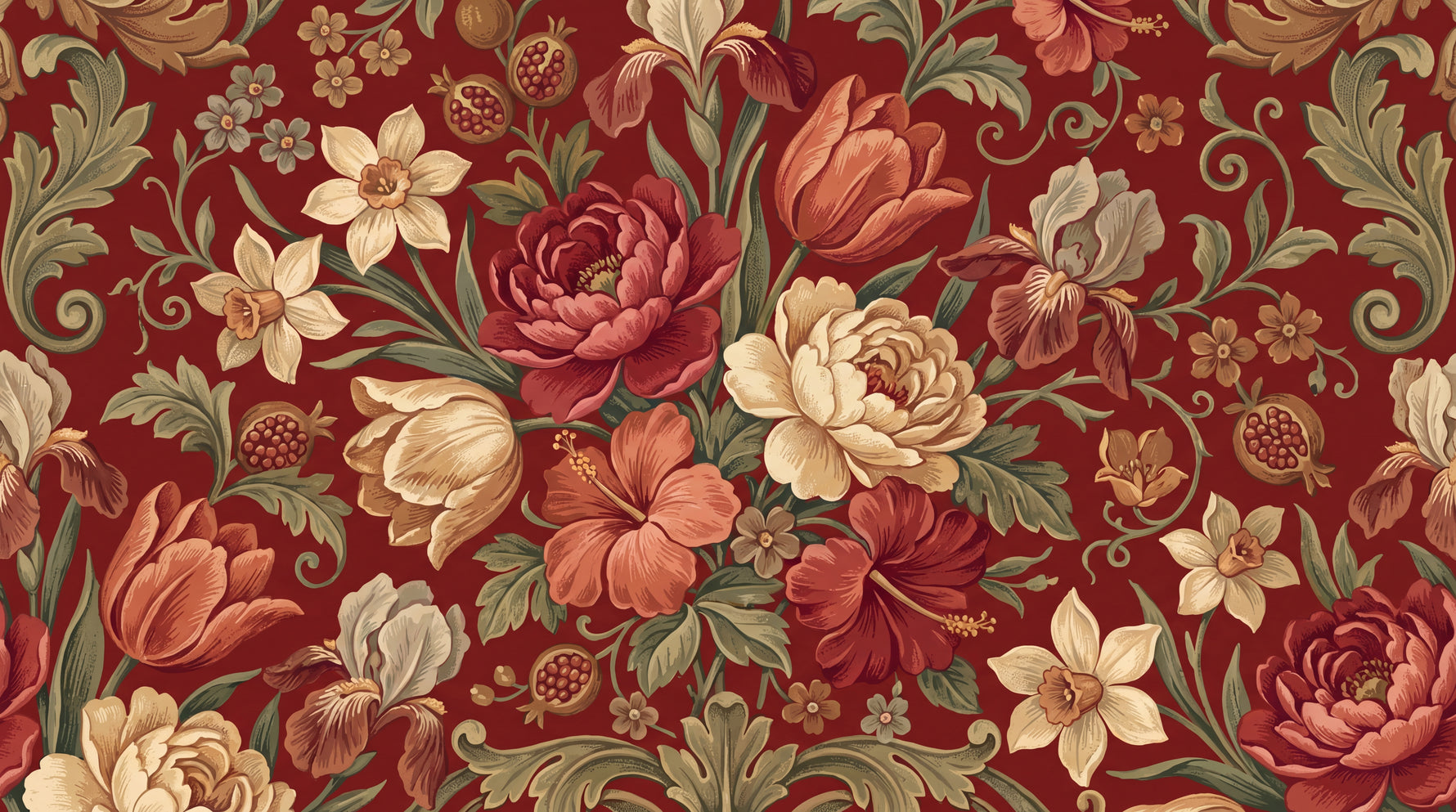 Crimson Tapestry Ember - Red Victorian Wallpaper Damask Floral Vintage Botanical Peel and Stick - Design