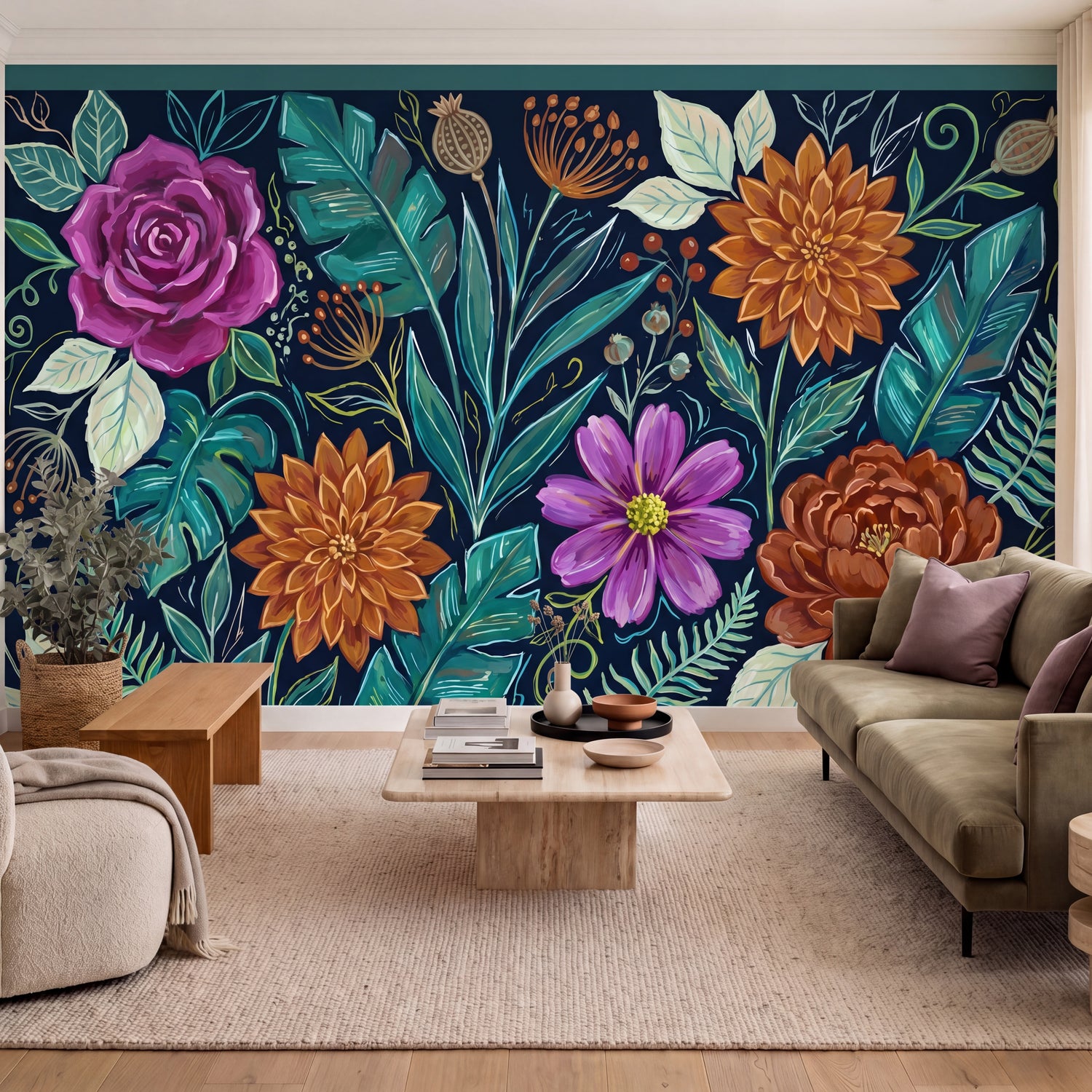 Floral Wallpaper Mural - Painted Roses & Tropical Foliage on Navy Blue - Bold Botanical Decor