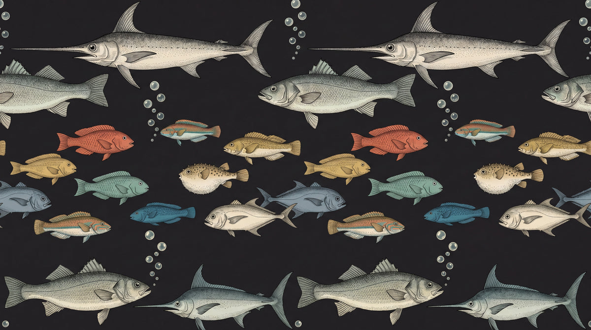 Deepwater Voyage Dark Fish Wallpaper - Ocean Animal Sea Peel and Stick Wall Mural - Design