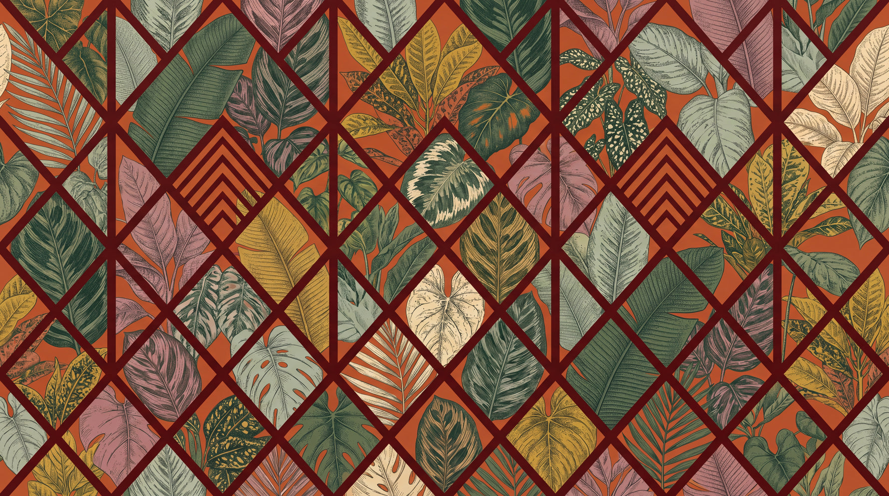 Diamond Jungle - Orange Art Deco Wallpaper - Geometric Botanical Leaf Greenery Peel and Stick Mural - Design