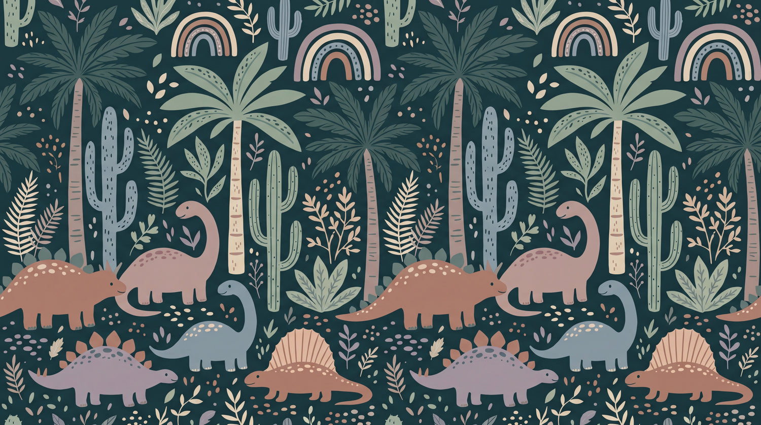 Dreamy Dino Grove Dinosaur Wallpaper for Kids - Green Boho Jungle Nursery Tropical Palm Tree Peel and Stick Mural - Design