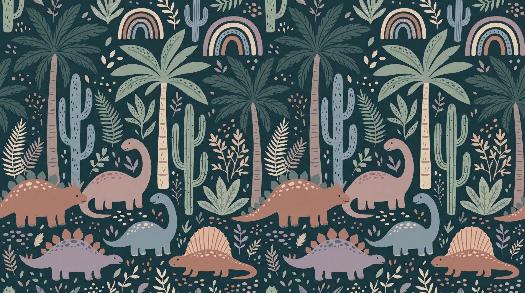 Dreamy Dino Grove Dinosaur Wallpaper for Kids - Green Boho Jungle Nursery Tropical Palm Tree Peel and Stick Mural - Design