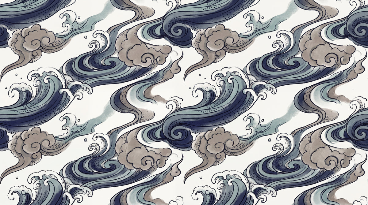 Drifting Currents - Blue Japanese Wallpaper - Navy Blue Ocean Wave Abstract Peel and Stick Mural - Design