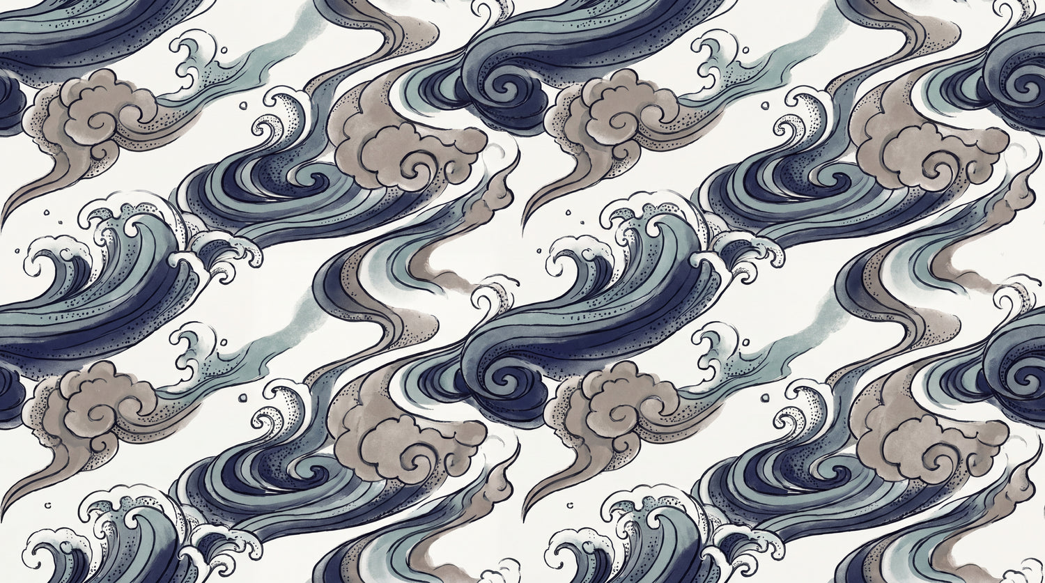 Drifting Currents - Blue Japanese Wallpaper - Navy Blue Ocean Wave Abstract Peel and Stick Mural - Design
