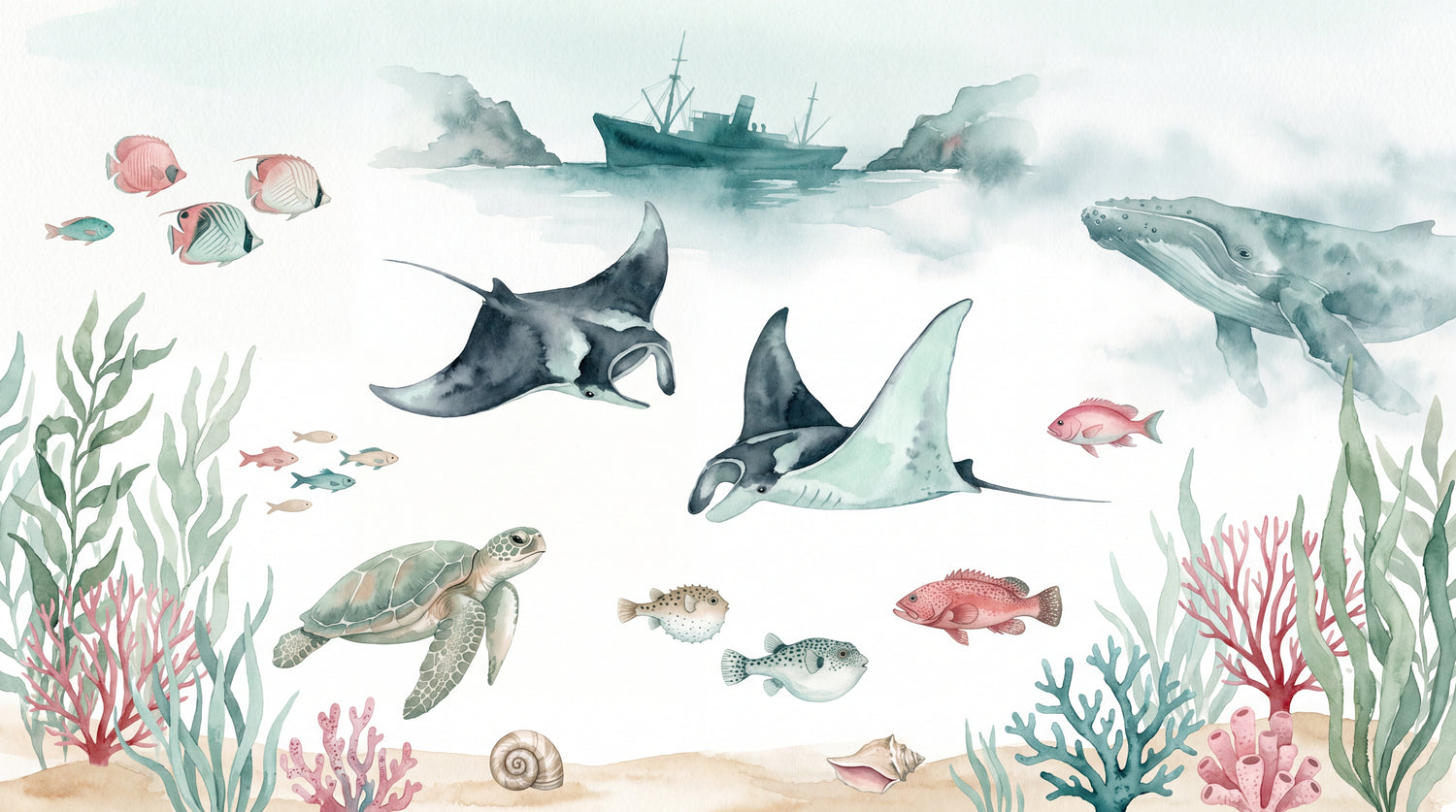 Drifting Currents - Pastel Ocean Wallpaper - Watercolor Sea Wallpaper Wave Peel and Stick Mural - Design