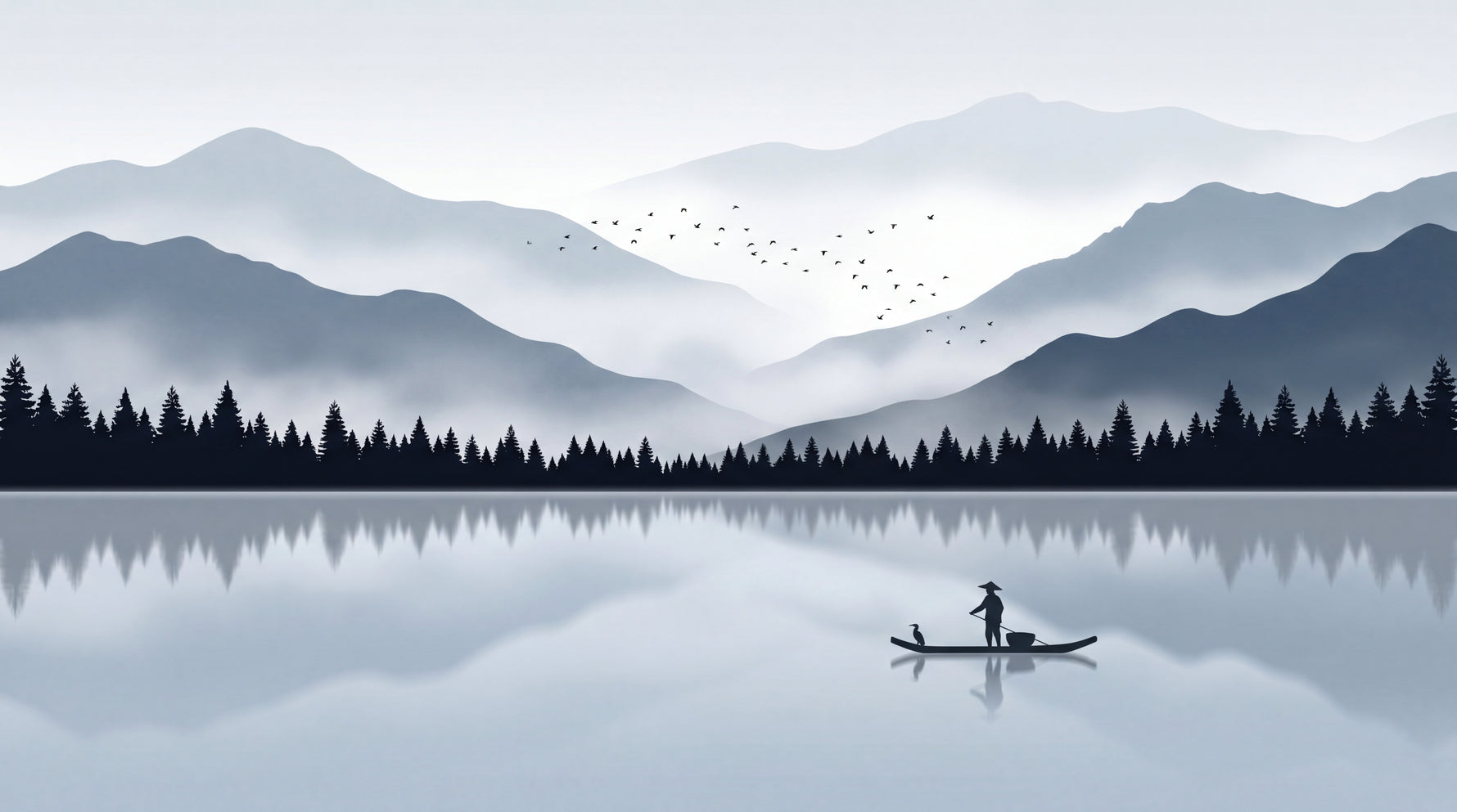 Drifting Oarsman Gray Minimalist Wallpaper - Mountain Wallpaper Rocky Landscape Peel and Stick Mural - Design