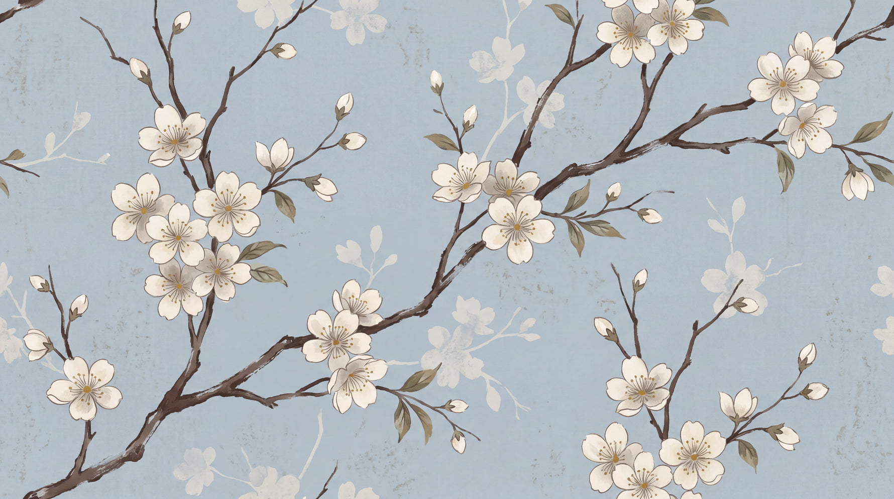 Drifting Petals - Blue Cherry Blossom Wallpaper - Chinoiserie Floral Japanese Botanical Vintage Peel and Stick - Design