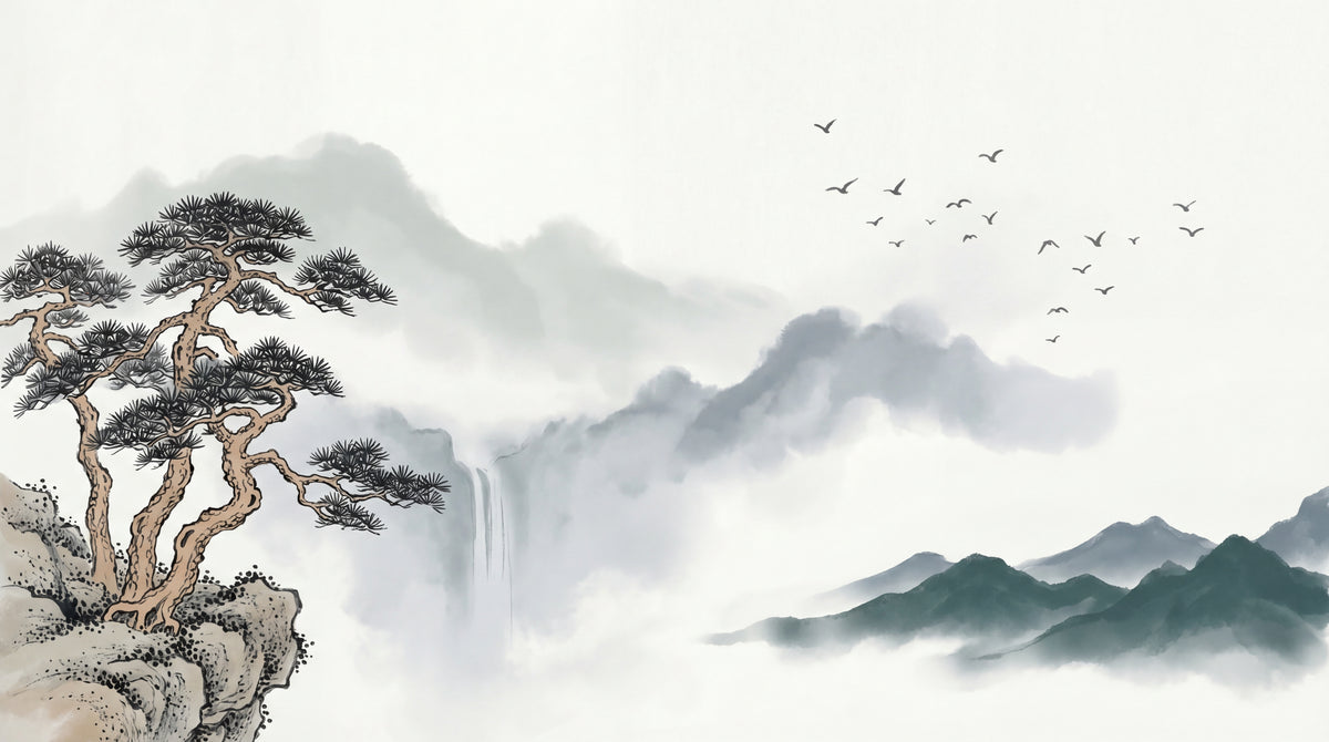 Drifting Sumi Crane Landscape Wallpaper - Gray Scenery Wallpaper Wall Mural - Design