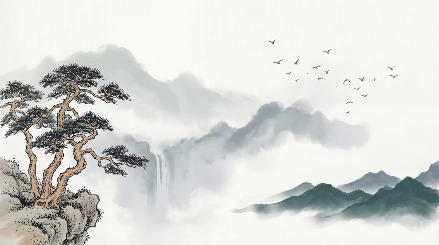 Drifting Sumi Crane Landscape Wallpaper - Gray Scenery Wallpaper Wall Mural - Design