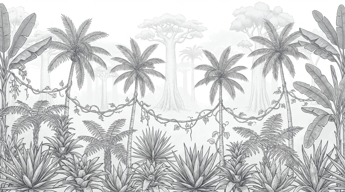Driftwood Expedition Gray Tropical Wallpaper - Palm Tree Jungle Botanical Leaf Peel and Stick Mural - Design