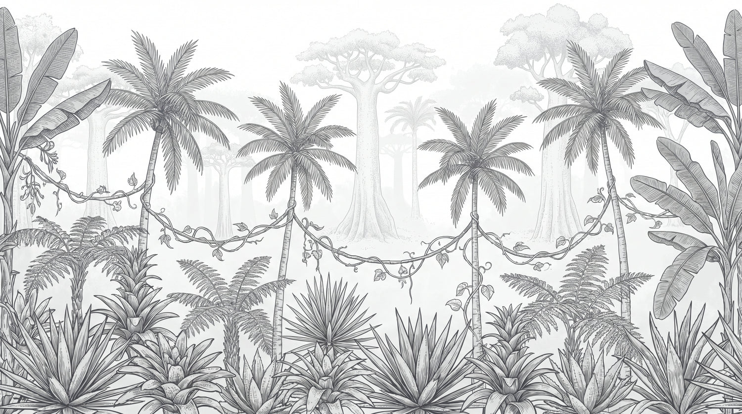 Driftwood Expedition Gray Tropical Wallpaper - Palm Tree Jungle Botanical Leaf Peel and Stick Mural - Design