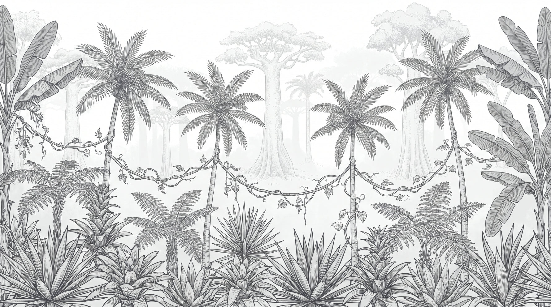 Driftwood Expedition Gray Tropical Wallpaper - Palm Tree Jungle Botanical Leaf Peel and Stick Mural - Design