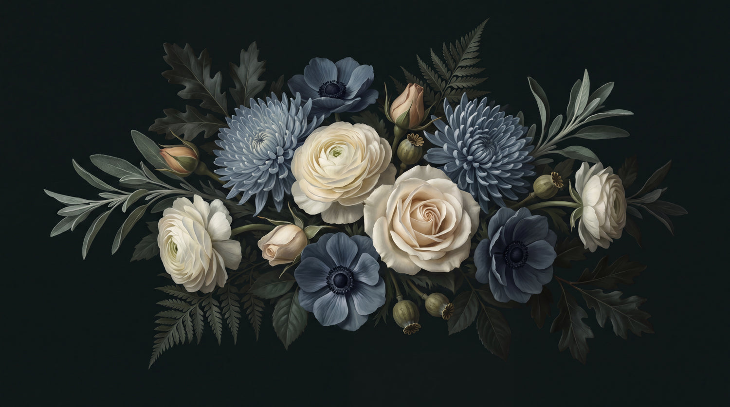 Dusk Anemone Dark Floral Wallpaper - Navy Blue Vintage Rose Flower Peel and Stick Mural - Design