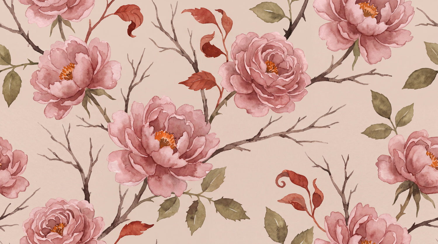 Dusk Camellia Pink Flower Wallpaper - Vintage Floral Rose Peel and Stick Wall Mural - Design