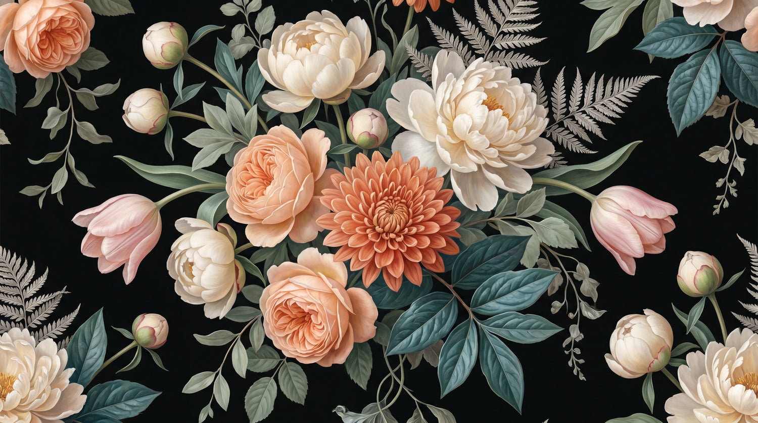 Dusk Reverie Petals - Dark Floral Wallpaper Vintage Rose Botanical Peel and Stick Wall Mural - Design