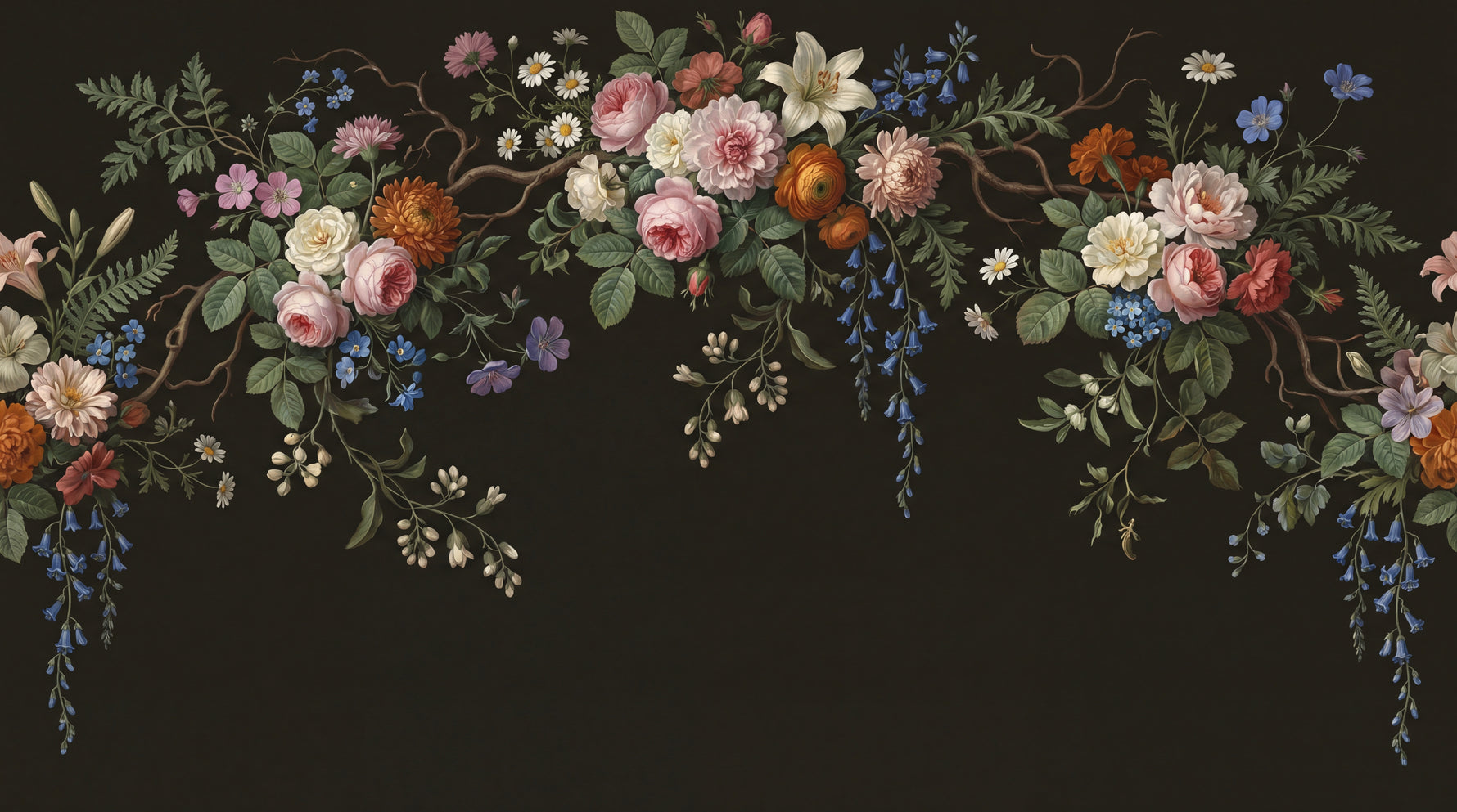 Duskbloom Cascade Dark Floral Wallpaper - Black Vintage Rose Flower Peel and Stick Wall Mural - Design