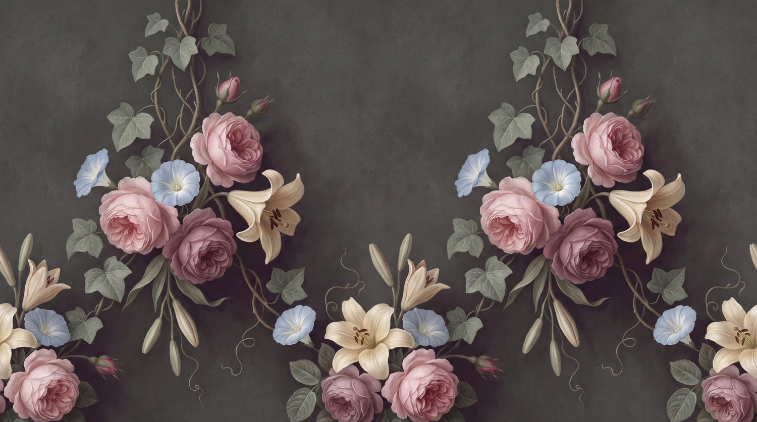 Dusken Trellis Gray Rose Wallpaper - Dark Floral Vintage Pink Peel and Stick Wall Mural - Design