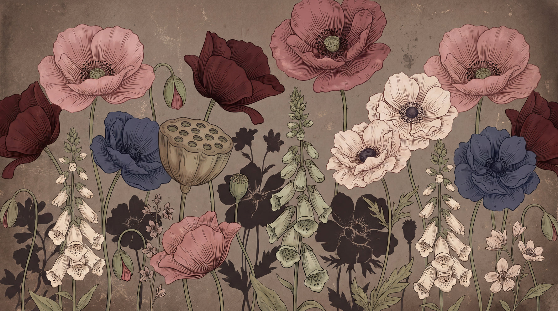 Dusky Apothecary - Brown Vintage Wallpaper Floral Botanical Flower Wall Mural Peel and Stick - Design