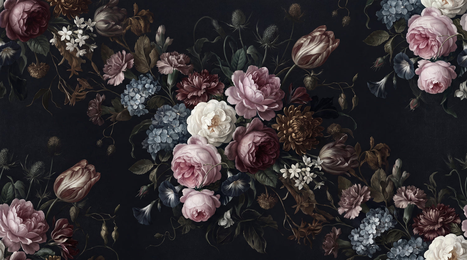 Dutch Reverie Black Floral Wallpaper - Dark Vintage Rose Flower Peel and Stick Wall Mural - Design