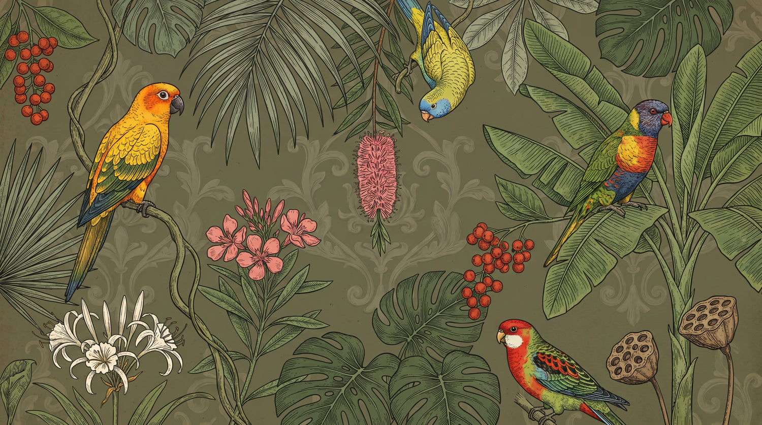 Emerald Canopy Hush Green Greenery Wallpaper - Botanical Animal Wallpaper Leaf Peel and Stick Wall Mural - Design