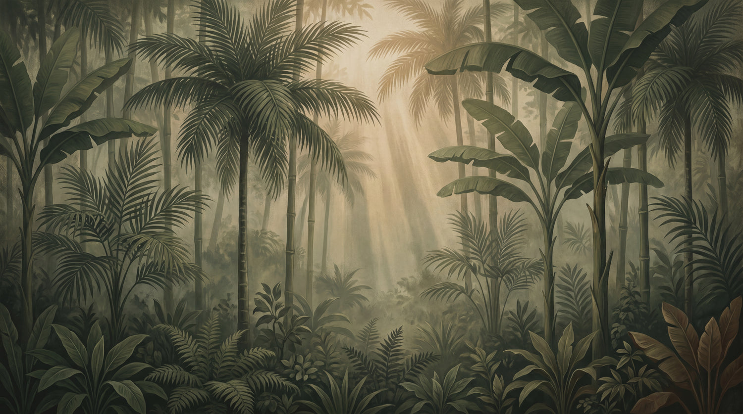 Emerald Glade Green Jungle Wallpaper - Tropical Palm Tree Vintage Wall Mural - Design