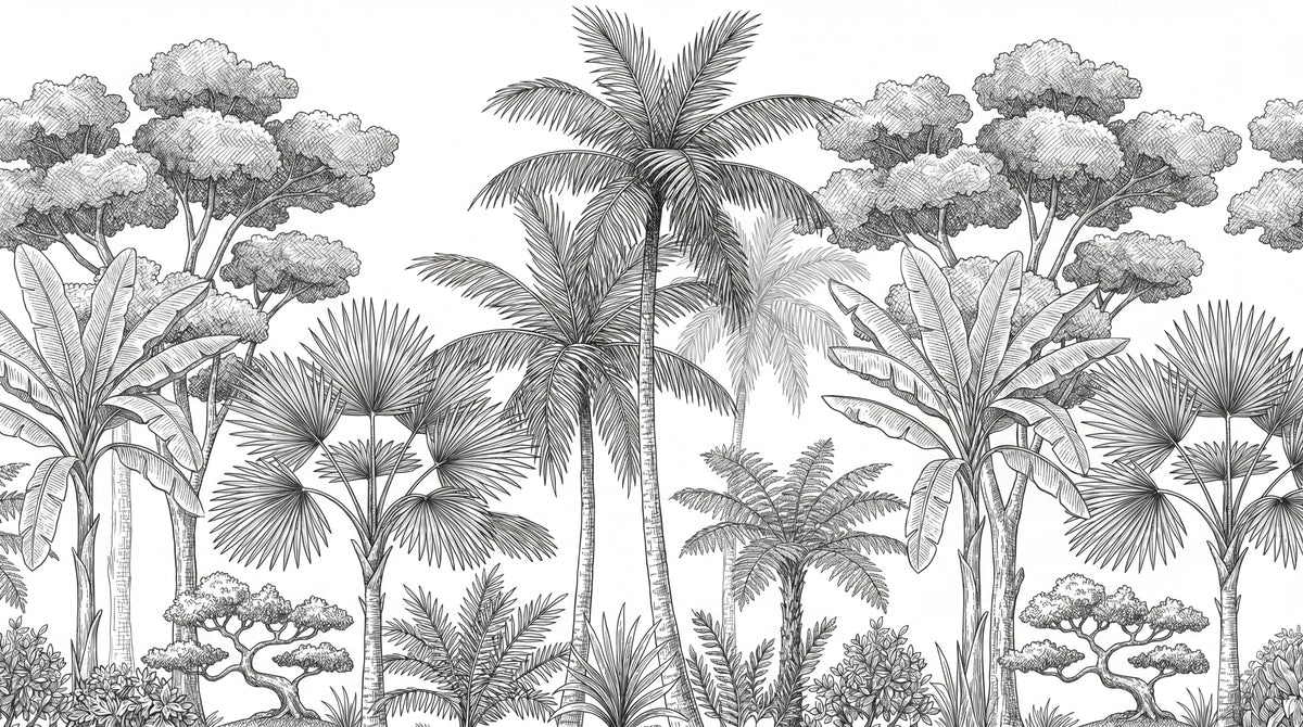 Engraved Atrium White Tropical Wallpaper - Palm Tree Wallpaper Jungle Botanical Leaf Peel and Stick - Design