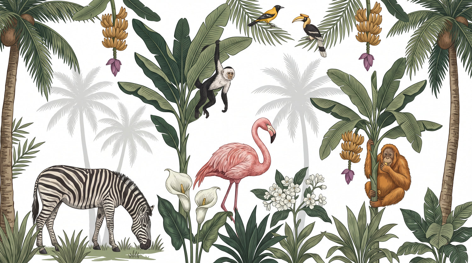 Equator Songbirds Green Jungle Wallpaper - Tropical Monkey Palm Tree Botanical Greenery Peel and Stick - Design