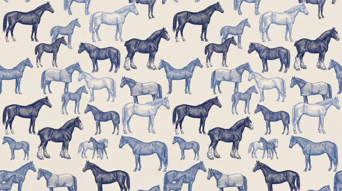 Equine Sketchbook Blue Horse Wallpaper - Navy Blue and White Cream Animal Peel and Stick Wall Mural - Design