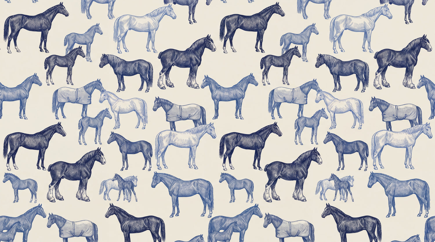 Equine Sketchbook Blue Horse Wallpaper - Navy Blue and White Cream Animal Peel and Stick Wall Mural - Design