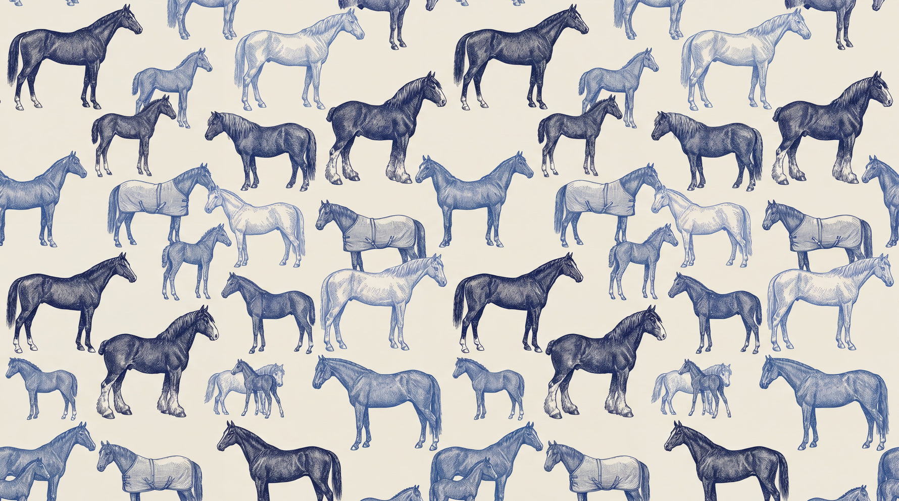 Equine Sketchbook Blue Horse Wallpaper - Navy Blue and White Cream Animal Peel and Stick Wall Mural - Design