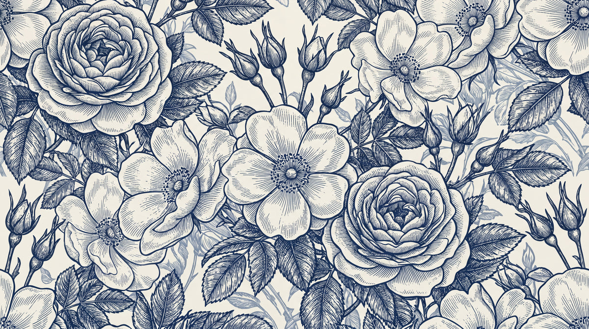 Etched Briar Blue Rose Wallpaper - Navy Blue Floral Wallpaper Vintage Peel and Stick Wall Mural - Design