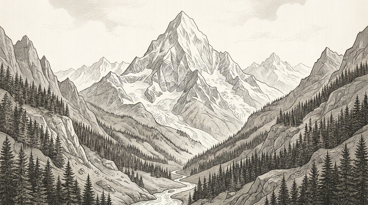 Etched Wilderness Beige Mountain Wallpaper - Sketched Landscape Wallpaper Peel and Stick Scenery Wall Mural - Design