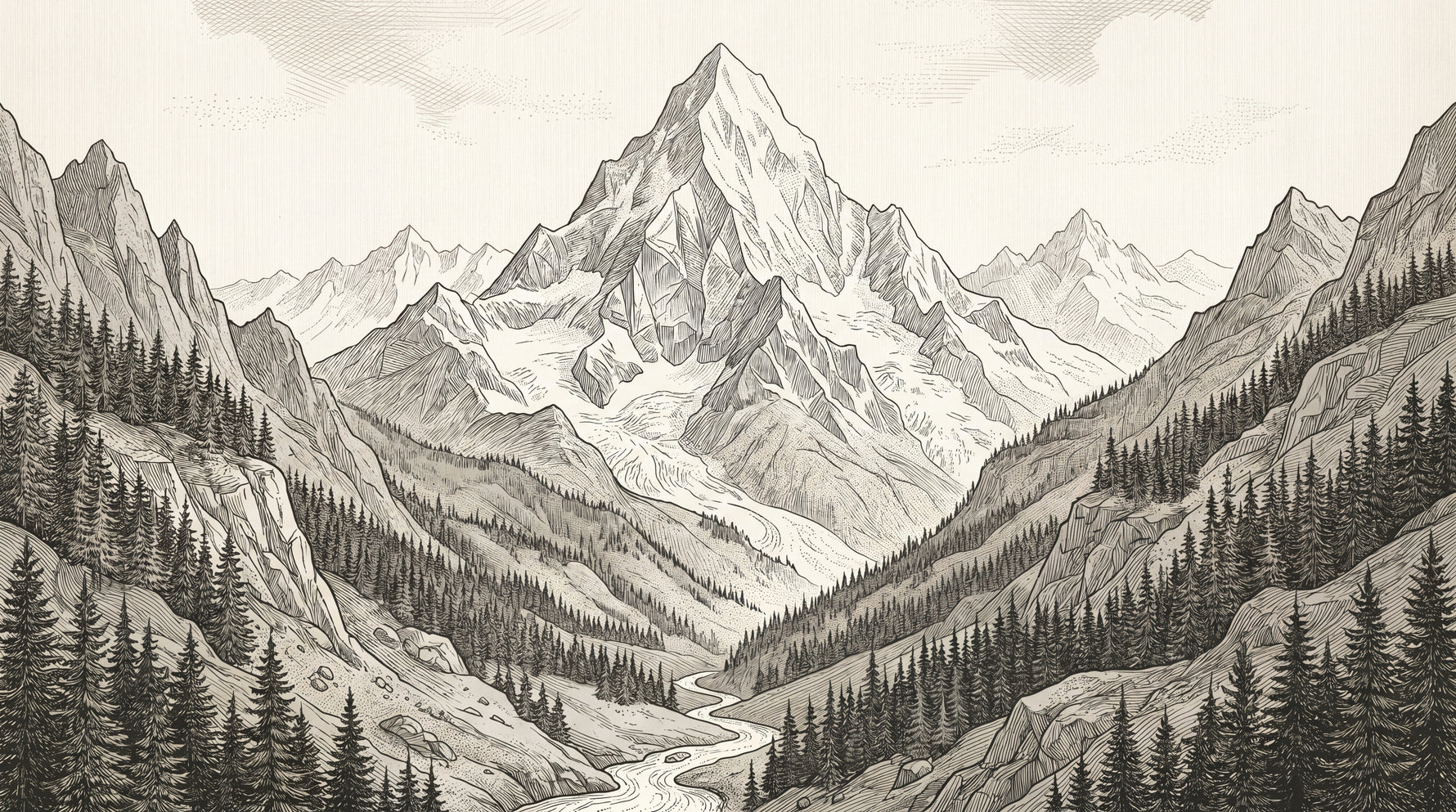 Etched Wilderness Beige Mountain Wallpaper - Sketched Landscape Wallpaper Peel and Stick Scenery Wall Mural - Design