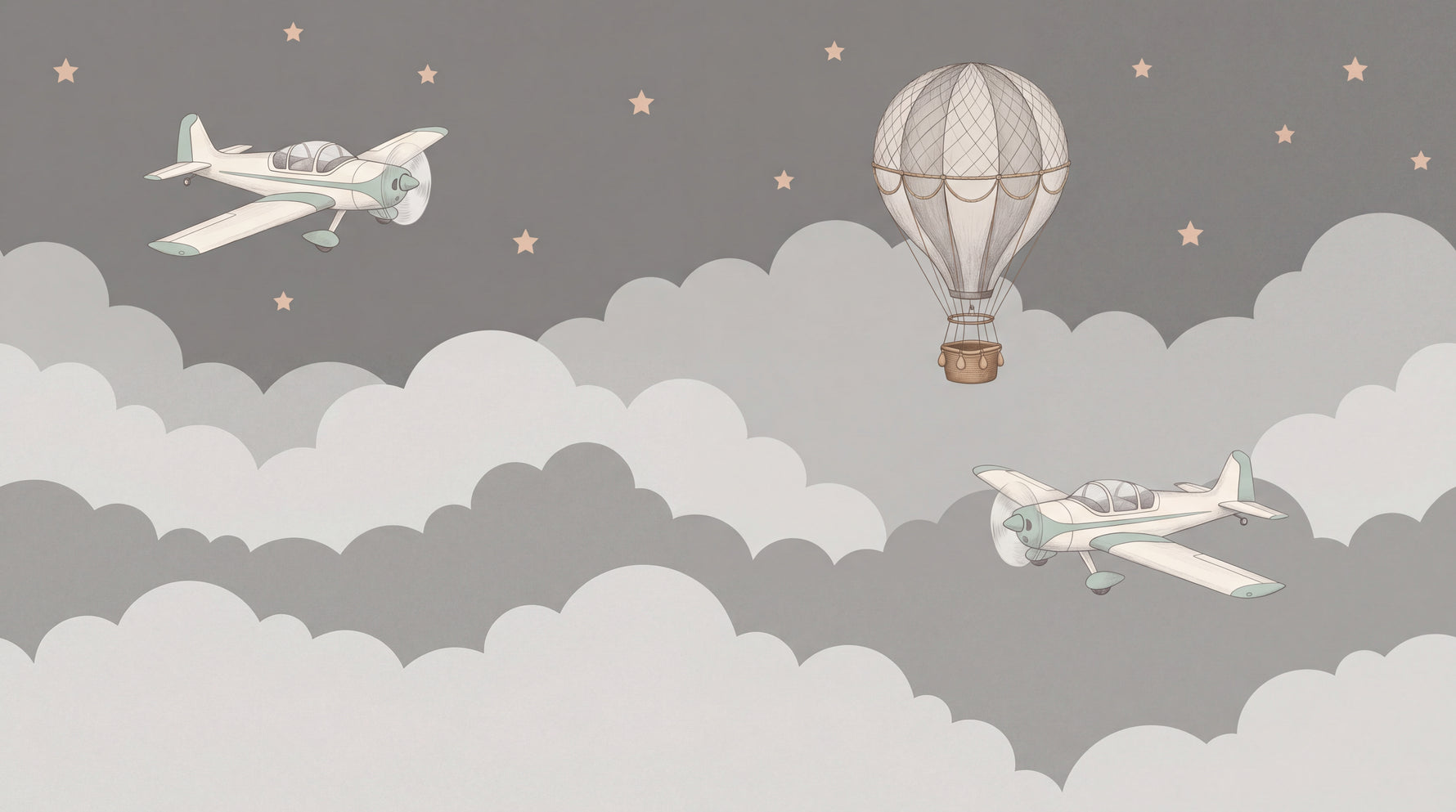 Feather Flight Nursery Wallpaper for Kids - Gray Cloud Sky Vintage Night Peel and Stick Mural - Design