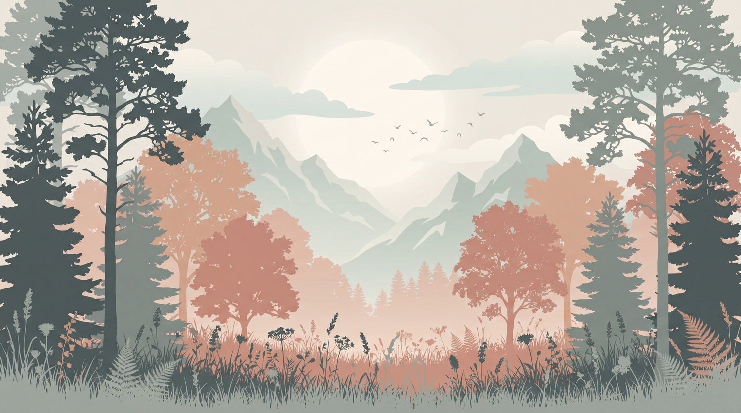 Featherlight Dawn Pastel Mountain Wallpaper - Minimalist Forest Landscape Scenery Peel and Stick Wall Mural - Design