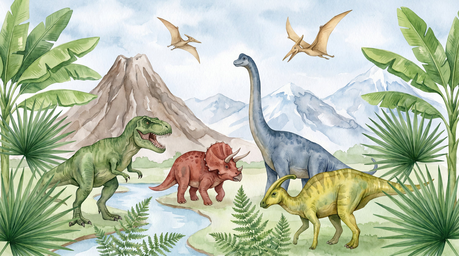 Fern Valley Wanderers Dinosaur Wallpaper for Kids - Green Nursery Wallpaper Peel and Stick Mural - Design