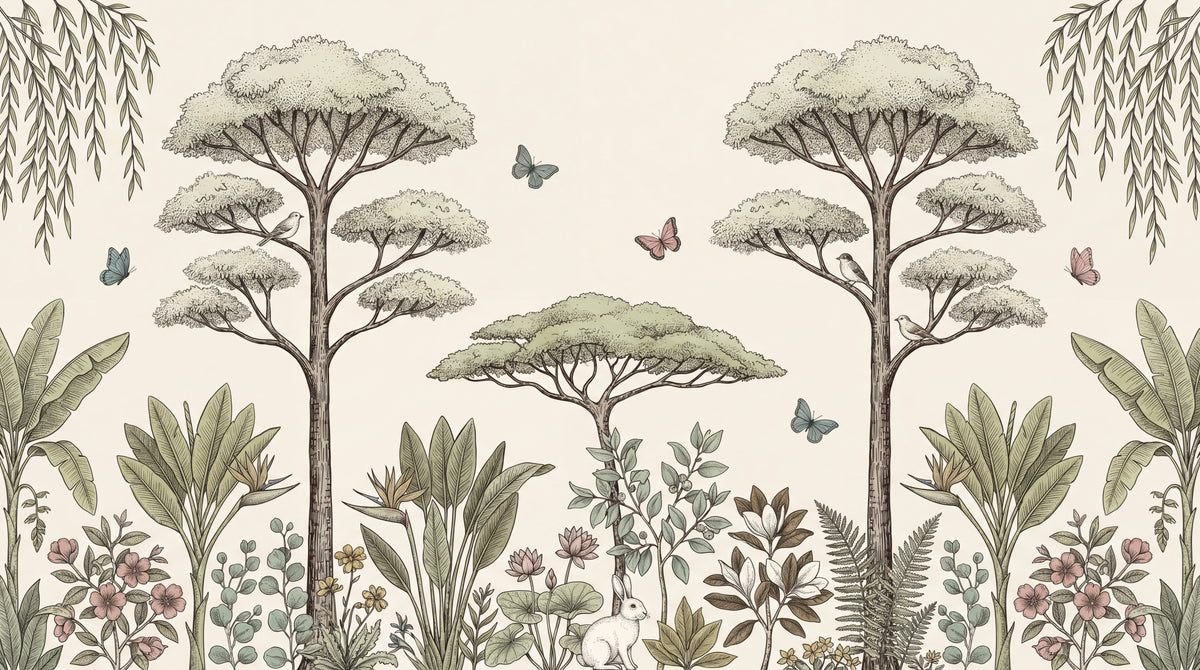Fernlight Hare Beige Forest Wallpaper - Greenery Botanical Woodland Leaf Rabbit Peel and Stick Wall Mural - Design