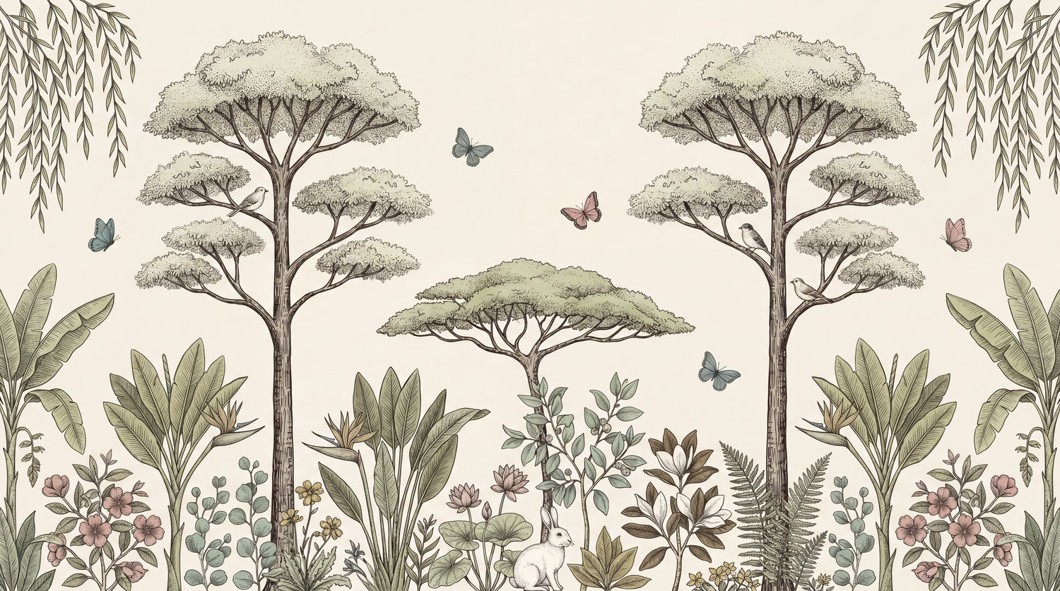 Fernlight Hare Beige Forest Wallpaper - Greenery Botanical Woodland Leaf Rabbit Peel and Stick Wall Mural - Design